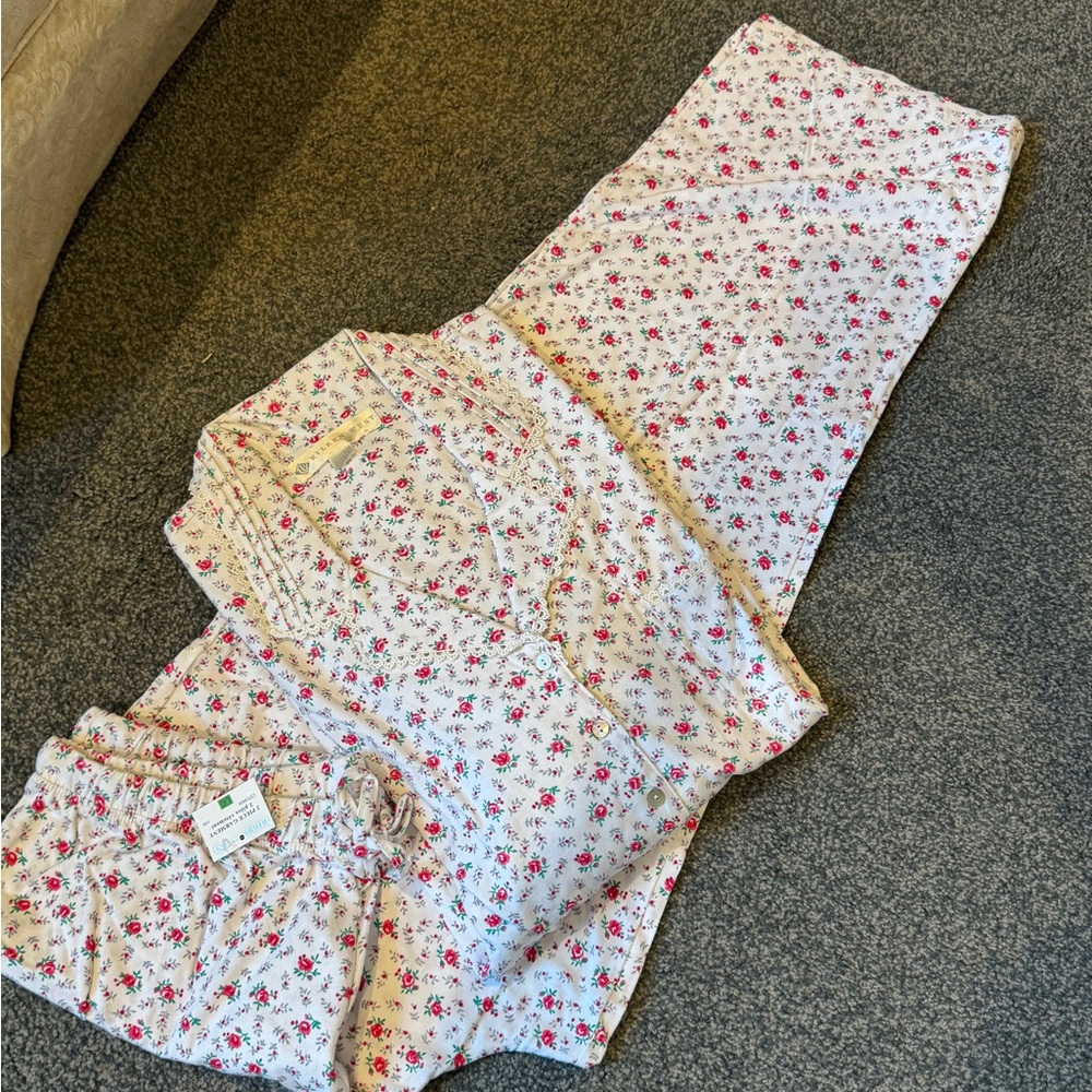 Eileen West White Floral cotton interlock Knit Pajama set size L Large NWT